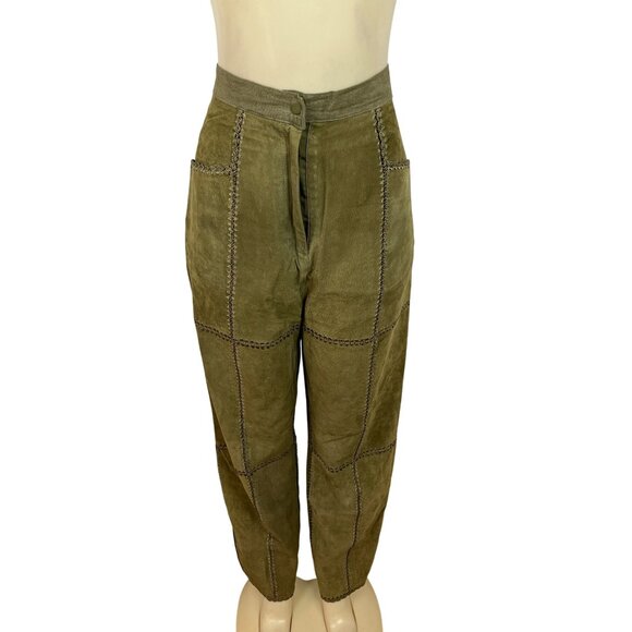 S.M.H. Pants - S.M.H. Vintage Olive Green Leather High-Waisted Loose-Fit Trousers Size 14